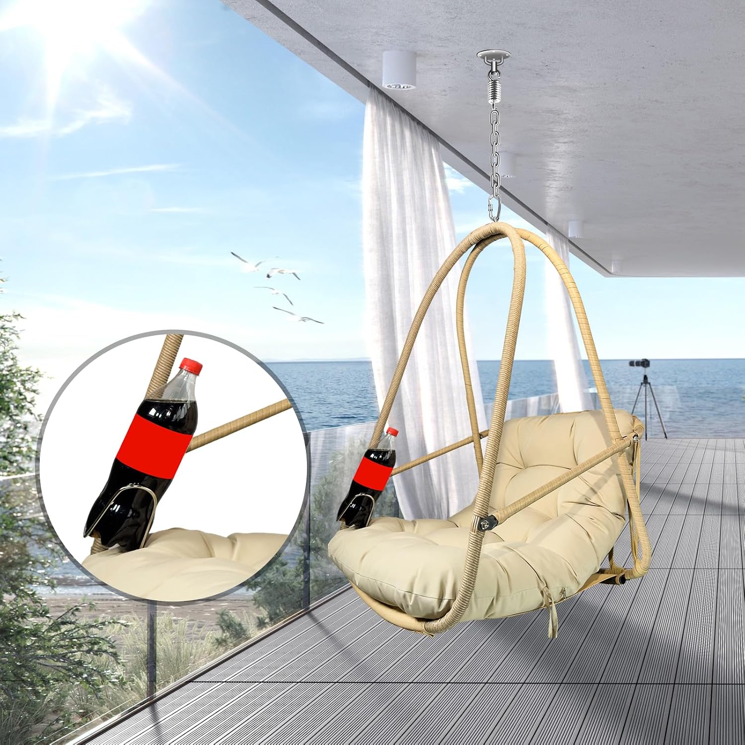 JESE Swing Egg Chair with Stand Foldable Wicker Frame UV Resistant Waterproof Cushion Hanging Chairs with Cup Holder 350lbs Capacity Swing Hammock Chairs for Patio Bedroom Indoor Outside (Beige)
