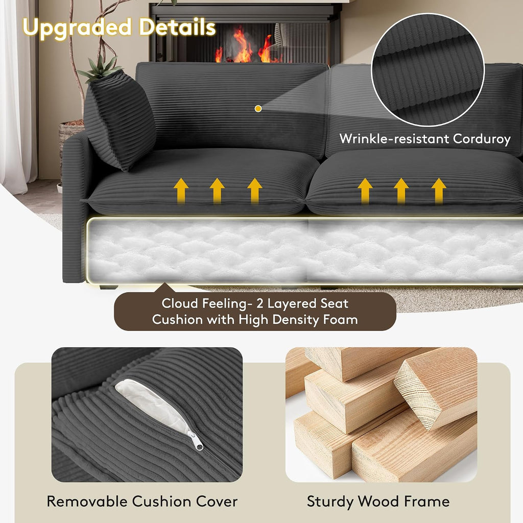 ROWHY 104'' Modular Sectional Cloud Couch with Movable Ottoman, 4 Seat Modern Corduroy Sofa, Deep Seat L Shaped Couch for Living Room Bedroom Apartment, Dark Grey