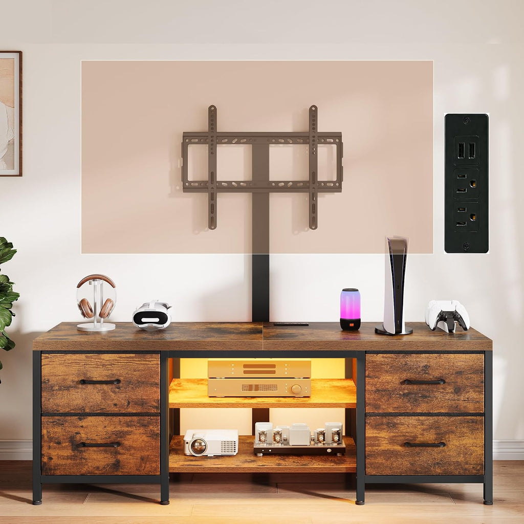 LED TV Stand for Living Room, with Mount, Power Outlet and Fabric Drawers, Entertainment Center w/Height Adjustable TV Mount for 26''-63'' TVs, Industrial Media Console w/Open Storage Shelves