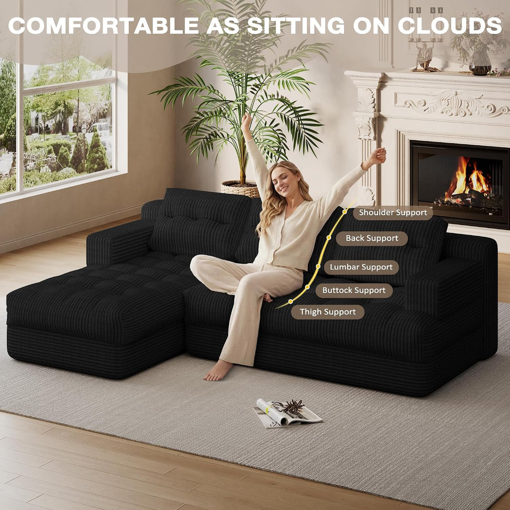 Boneless Couch, 2026 New Boneless Sectional Couch with Deep Seat & Chaise for Small Spaces, Upholstered Cloud Couch Sectional Boneless Couches for Living Room, No Assembly, Left Facing Chaise, Black