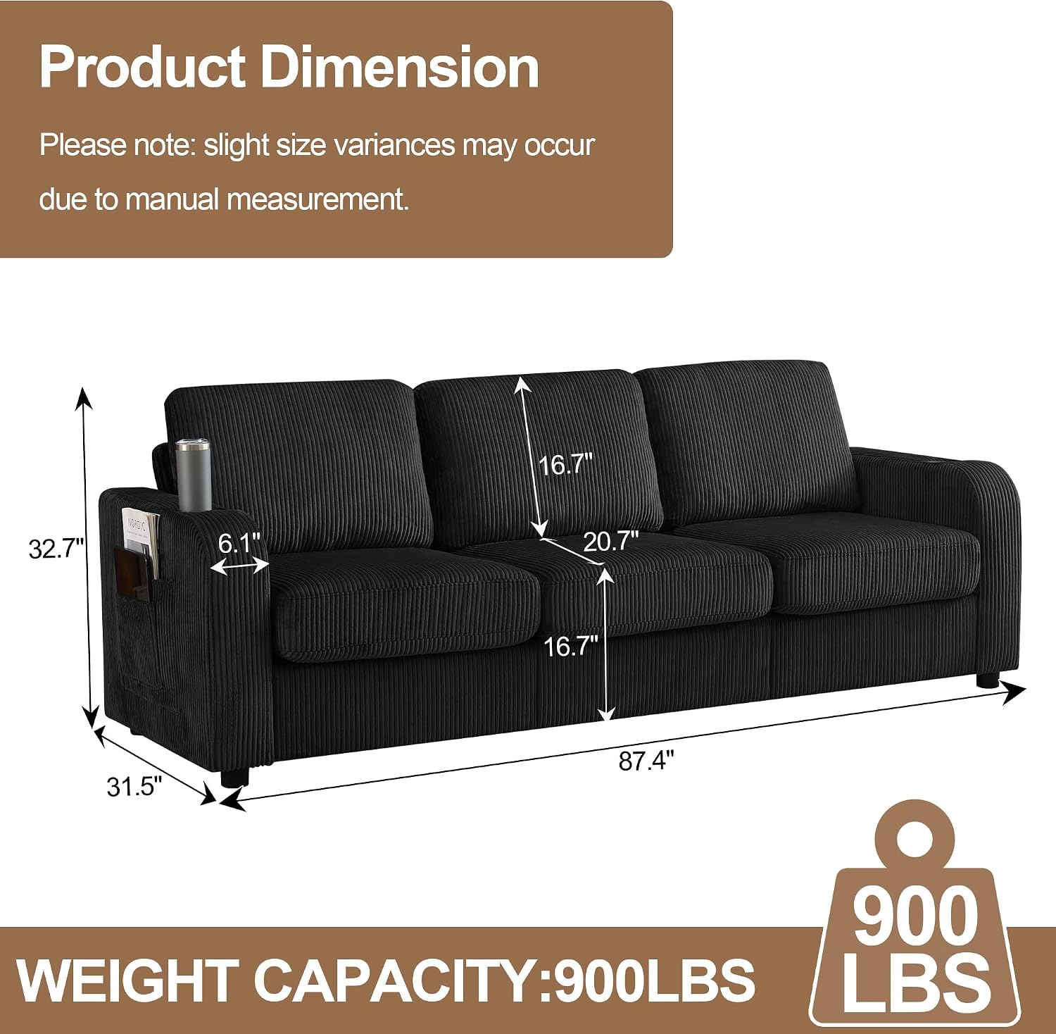 87.4' Oversized 3 Seater Couch, Upholstered Sofa for Living Room,Modern Deep Seat Comfy Loveseat Couches with Cup Holders,Corduroy Love Seat Sofa (Black)