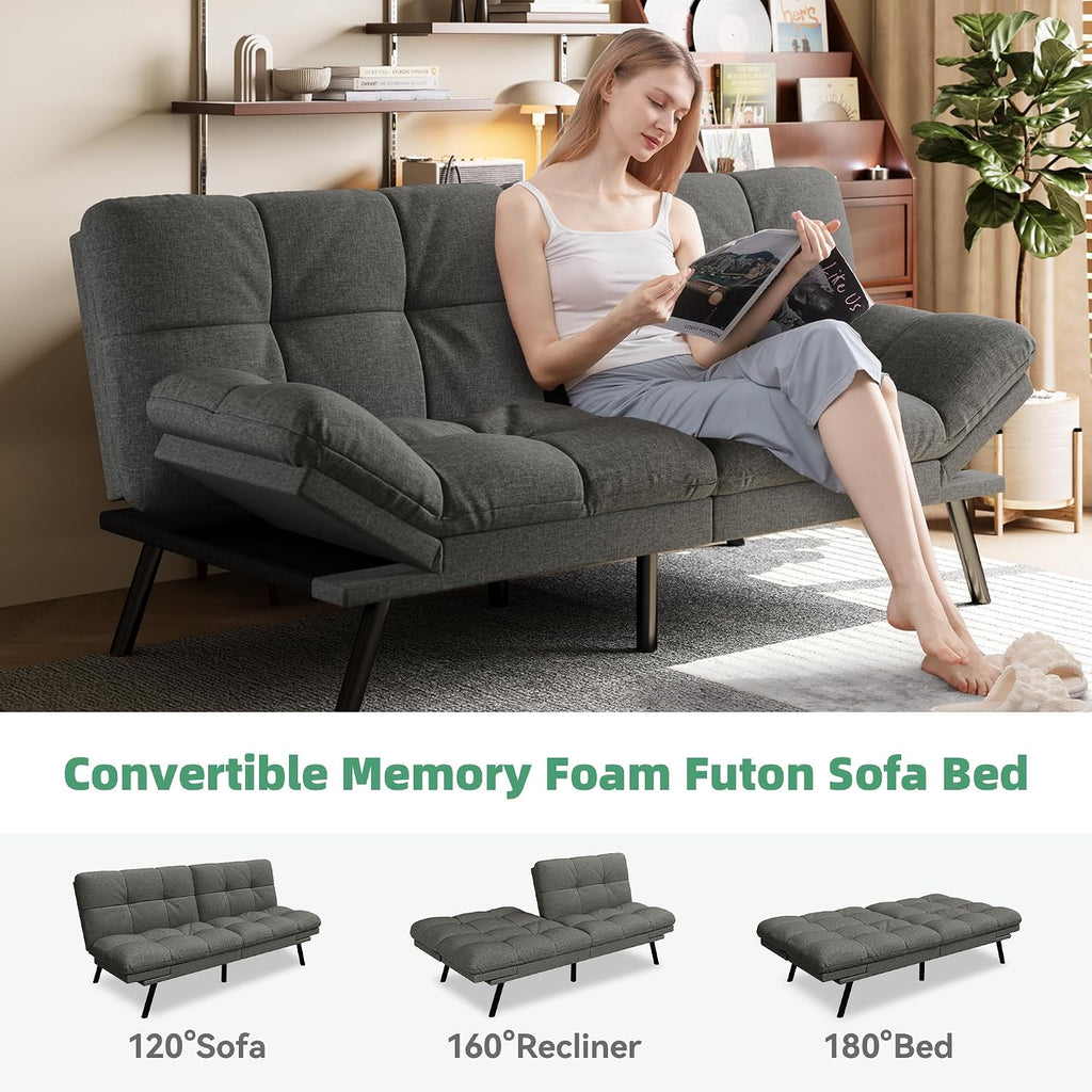 Opoiar Convertible Futon Sofa Bed,71' Memory Foam Futon Couch,Detachable Cushion,Adjustable Backrest & Armrest,Linen Modern Loveseat Sleeper Recliner for Living Room,Office,Apartment,Light Grey