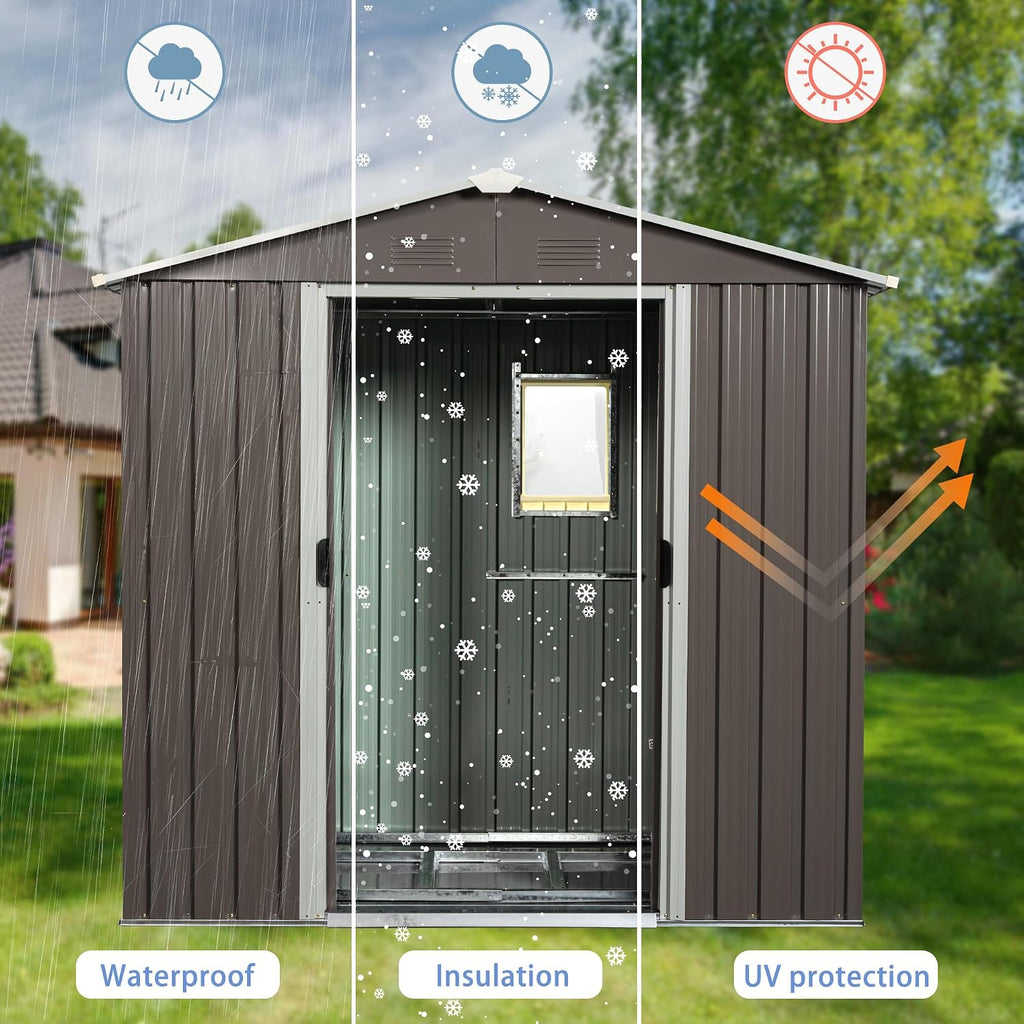 89in x 47in Heavy-Duty Outdoor Metal Storage Shed with Floor Foundation & Window - Galvanized Steel Tool Shed, Tiny Home Backyard Solution w/Lock, Shelves & Anchors,Gray