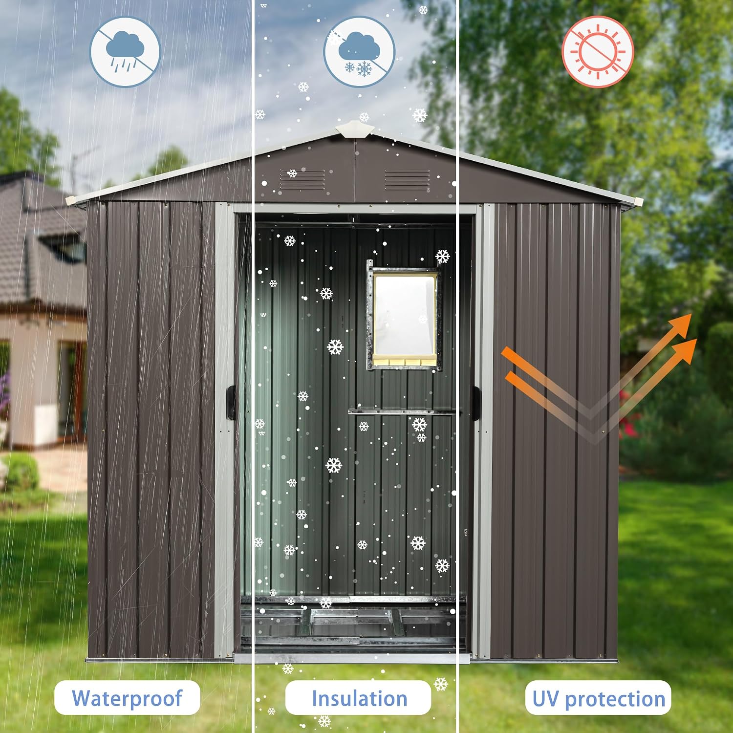 89in x 47in Heavy-Duty Outdoor Metal Storage Shed with Floor Foundation & Window - Galvanized Steel Tool Shed, Tiny Home Backyard Solution w/Lock, Shelves & Anchors,Gray