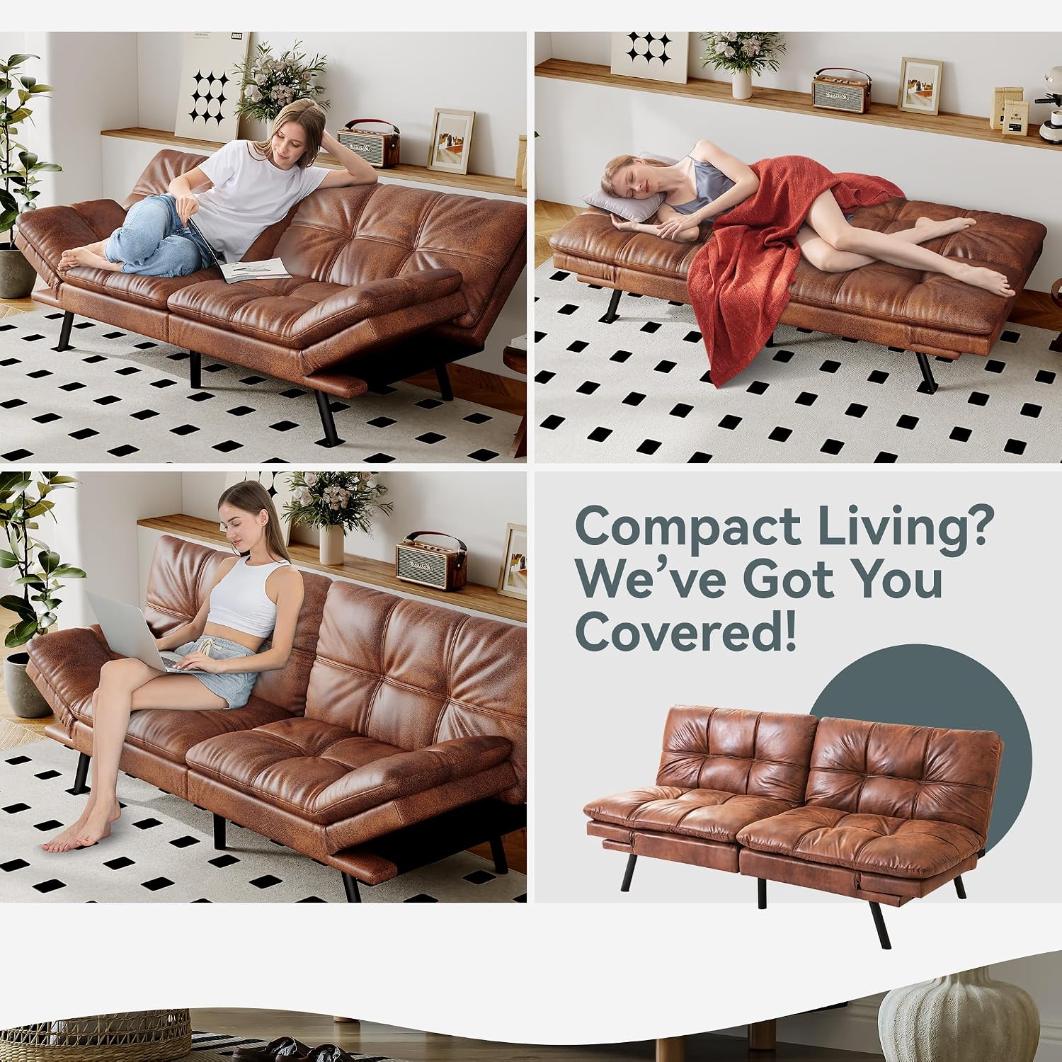 Futon Sofa Bed Convertible Couch, Brown Faux Leather Sofa Bed with Memory Foam, Adjustable Backrest & Armrests, Multifunctional Small Loveseat Sleeper Sofa for Living Room, Apartment, Office
