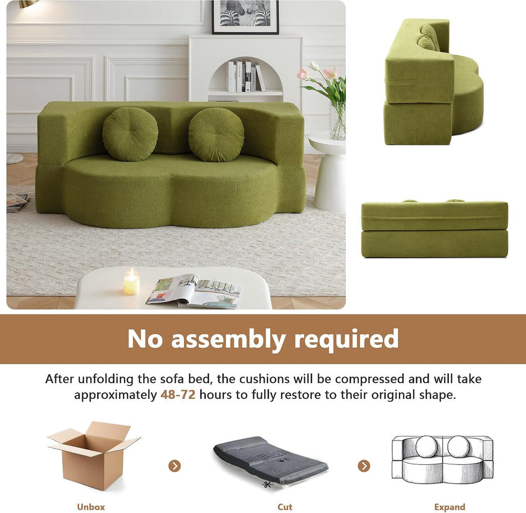 2-in-1 Folding Sofa Bed with Pillow, No Assembly Futon Twin Size Sofa Bed, Breathable Linen-Cotton Convertible Couch Bed for Living Room and Guest Room, 75.5 Inch,Green