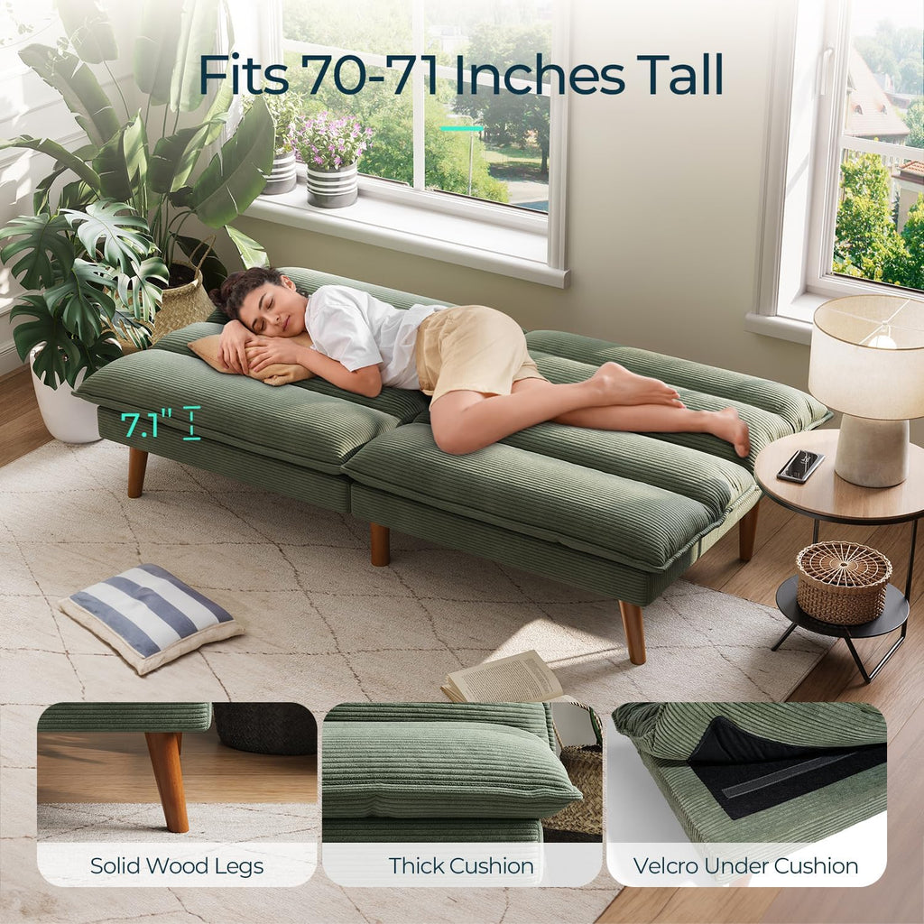 LINSY Futon Sofa Bed: Corduroy Futon Couch with Adjustable Backrest, Comfy Loveseat Convertible Folding Sleeper Sofa Couches for Small Spaces Living Rooms Apartment Office, Green