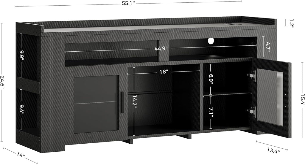 IRONCK TV Stand for TVs Up to 60' with Charging Station, LED Entertainment Center, Modern Carbon Fiber Media Console with Adjustable Glass Shelves & 2 Doors, Organize Your Gaming & Living Room, Black