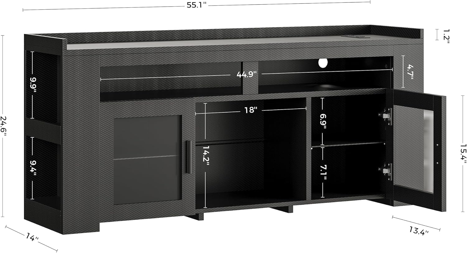 IRONCK TV Stand for TVs Up to 60' with Charging Station, LED Entertainment Center, Modern Carbon Fiber Media Console with Adjustable Glass Shelves & 2 Doors, Organize Your Gaming & Living Room, Black
