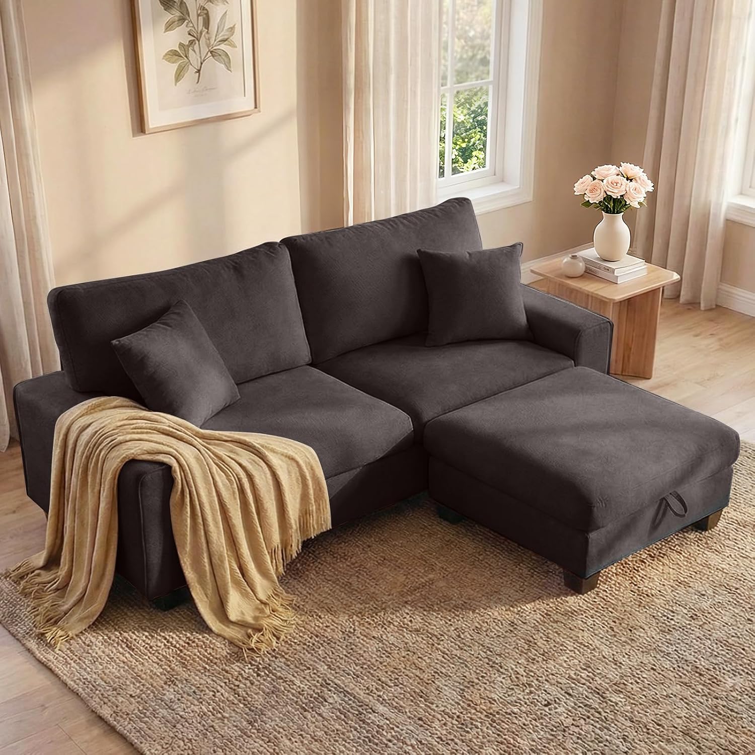 DOPEDIO L-Shaped Sectional Sofa with Storage Ottoman, Modern Chenille Recliner Loveseat, Removable Couch Covers, Pocket Spring Cushions, Solid Wood Frame, Easy to Install (88.58inch, Dark Grey)