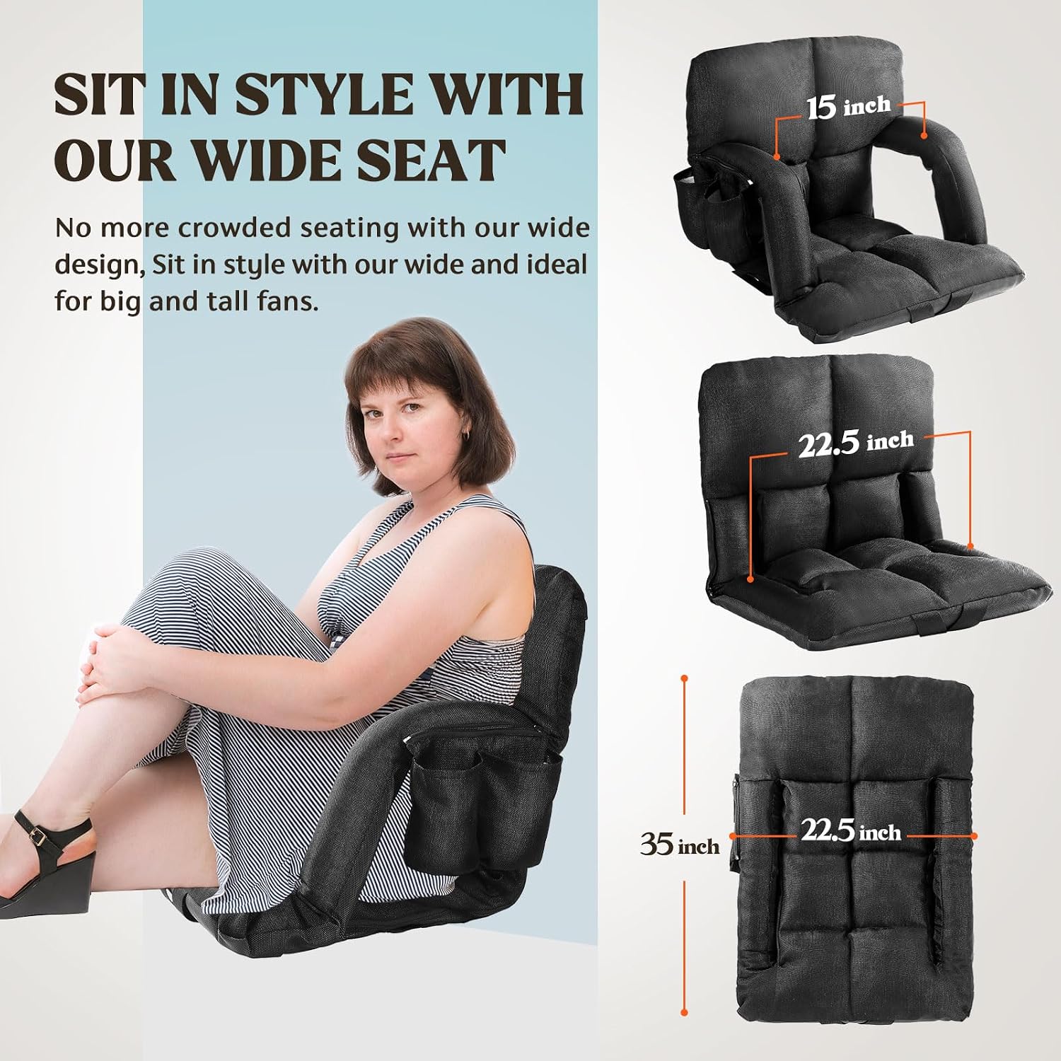 Wide Stadium Seats for Bleachers with Back Support, Extra Thick Plus Size Bleacher Seats with Backs and Cushion Wide, 6 Reclining Positions Bleacher Chairs for Outdoor Indoor 2 Pack (Black)