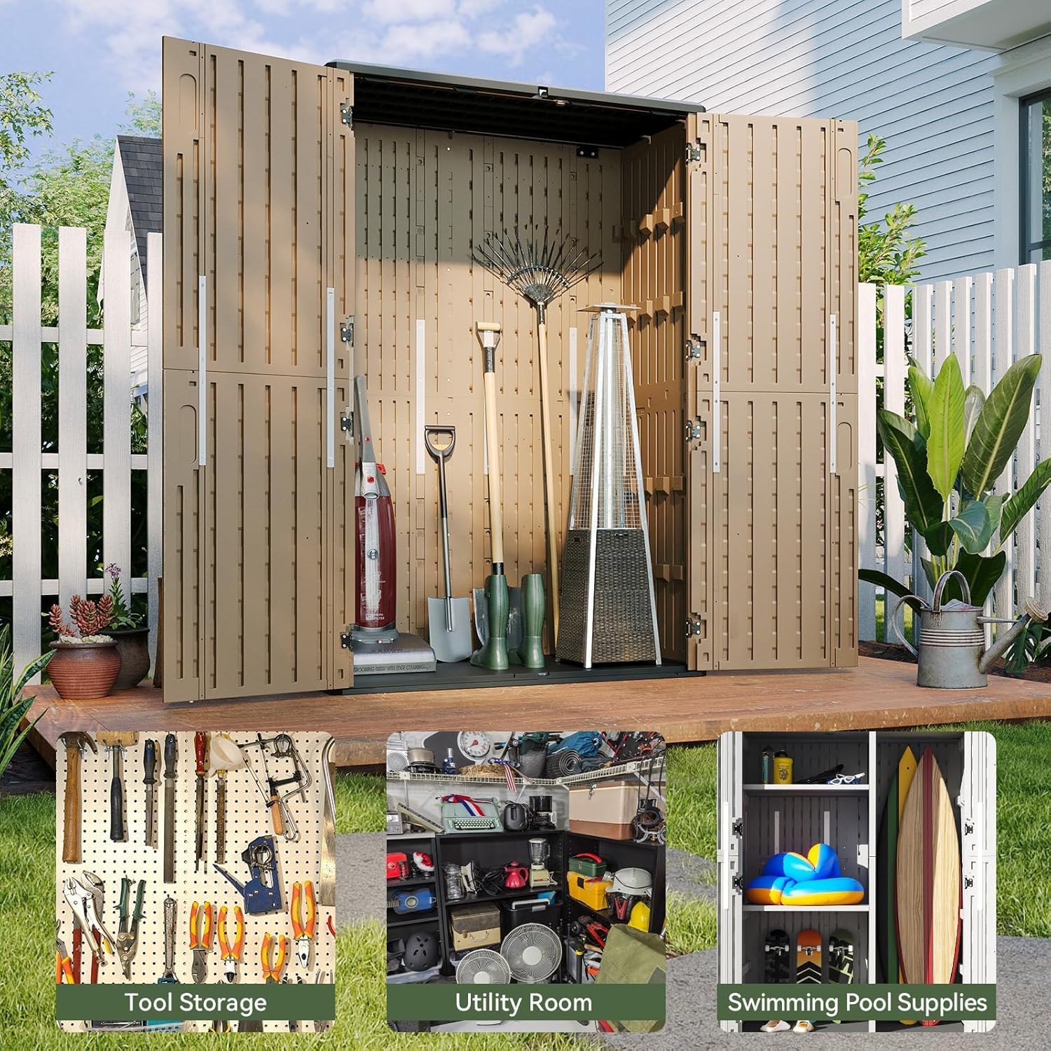 Aoxun Outdoor Storage Shed, 64 Cu.Ft Vertical Storage Sheds Outdoor with Floor, Outdoor Waterproof Storage Cabinet for Garage Storage, Pool Storage (Brown)