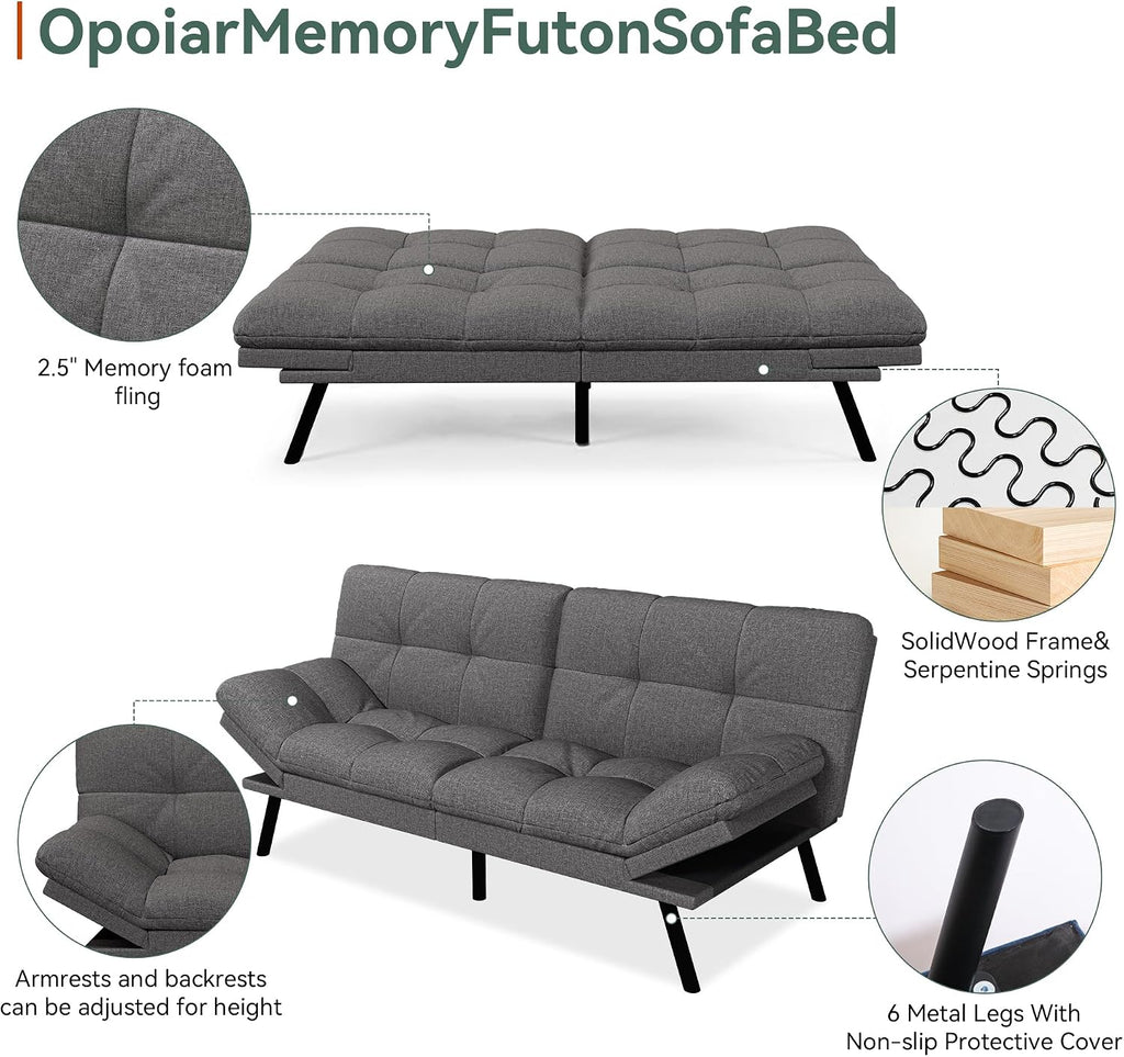 Opoiar Convertible Futon Sofa Bed,71' Memory Foam Futon Couch,Detachable Cushion,Adjustable Backrest & Armrest,Linen Modern Loveseat Sleeper Recliner for Living Room,Office,Apartment,Retro Grey