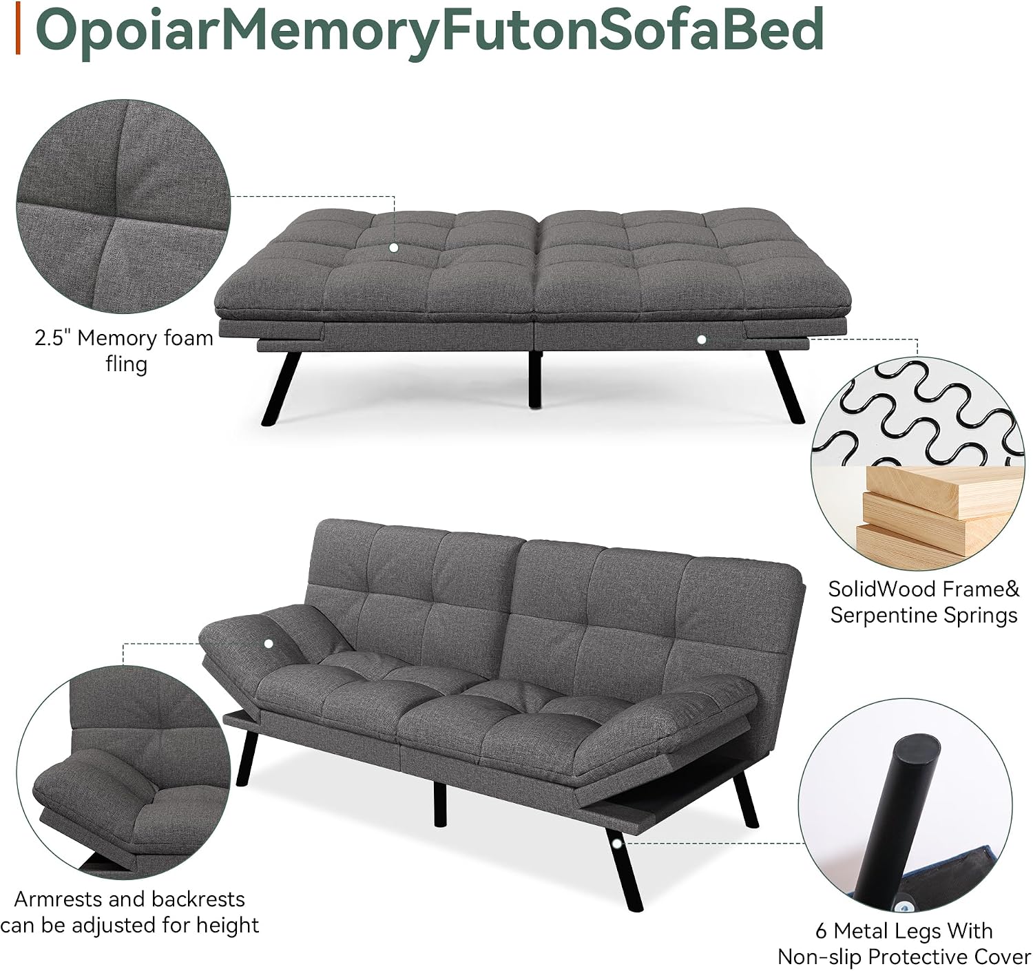 Opoiar Convertible Futon Sofa Bed,71' Memory Foam Futon Couch,Detachable Cushion,Adjustable Backrest & Armrest,Linen Modern Loveseat Sleeper Recliner for Living Room,Office,Apartment,Retro Grey
