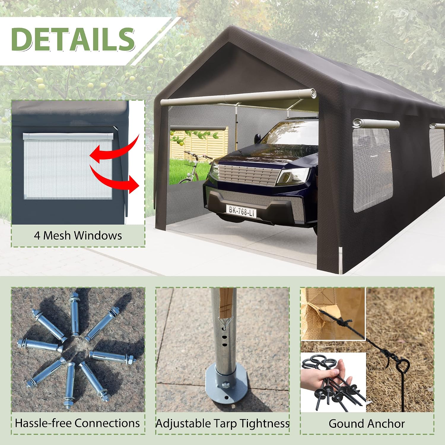 Thanaddo 10'x20' Heavy Duty Carport, Garage Car Canopy, with Roll-up Ventilated Windows, Car Shelter w/Side Tarps for Car, Truck, Boat,Gray