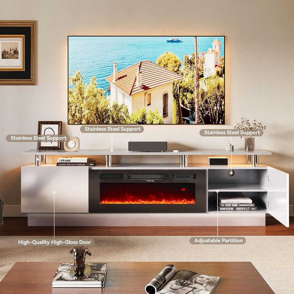 oneinmil Fireplace TV Stand with 36' Electric Fireplace, 80' 2 Tier TV Console Stand for TVs Up to 90', LED Light Entertainment Center, Fireplace for The Living Room TV Stand, Gray