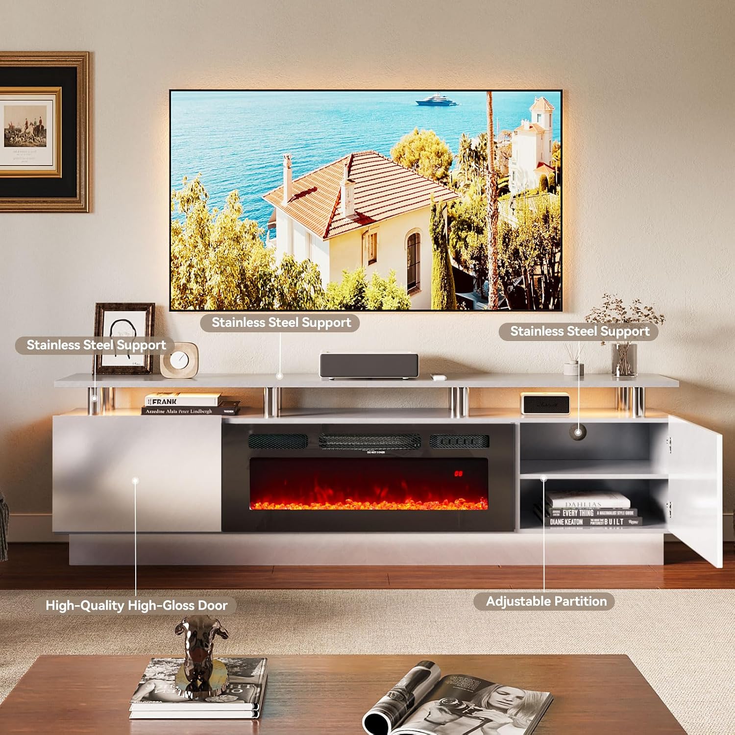 oneinmil Fireplace TV Stand with 36' Electric Fireplace, 80' 2 Tier TV Console Stand for TVs Up to 90', LED Light Entertainment Center, Fireplace for The Living Room TV Stand, Gray