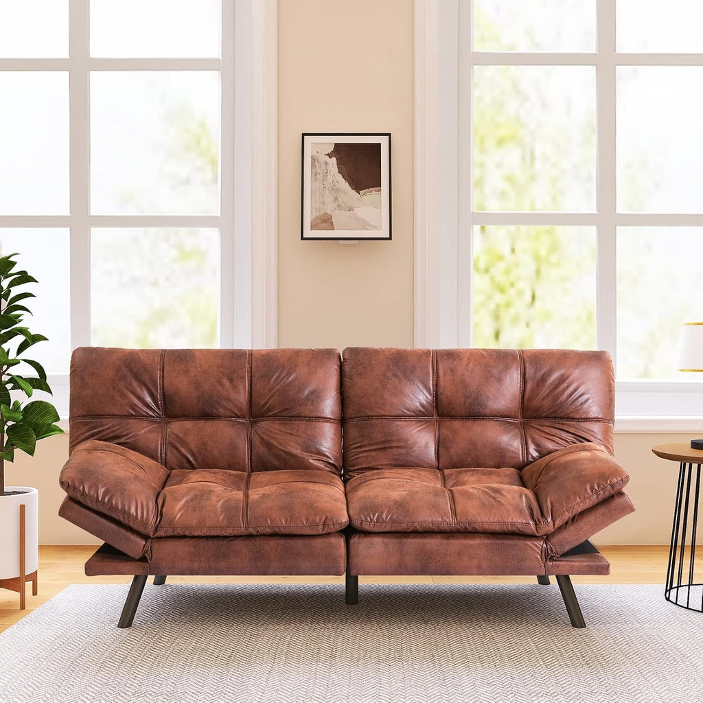 Vyfipt Futon Sofa Bed/Couch, Memory Foam Small Splitback Sofa for Living Room,Modern Loveseat with Covertible Armrests,Faux Leather/Cushion Thicker Version(Brown)