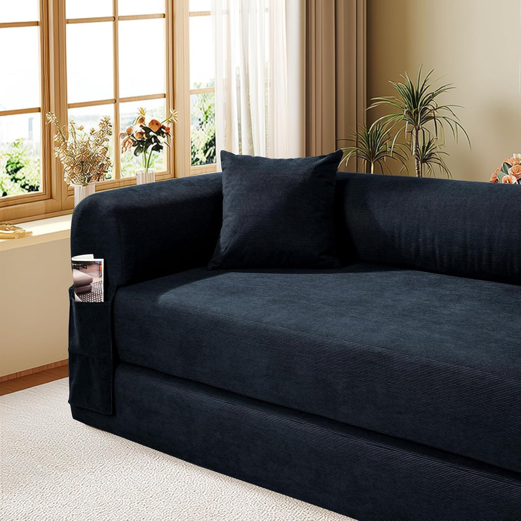 Convertible Futon Sofa Bed,80' Folding Pull Out Couch Bed with Storage,Queen Sleeper Sofa Bed,Compressed Couch in a Box,Corduroy Boneless Couches for Living Room,Deep Blue
