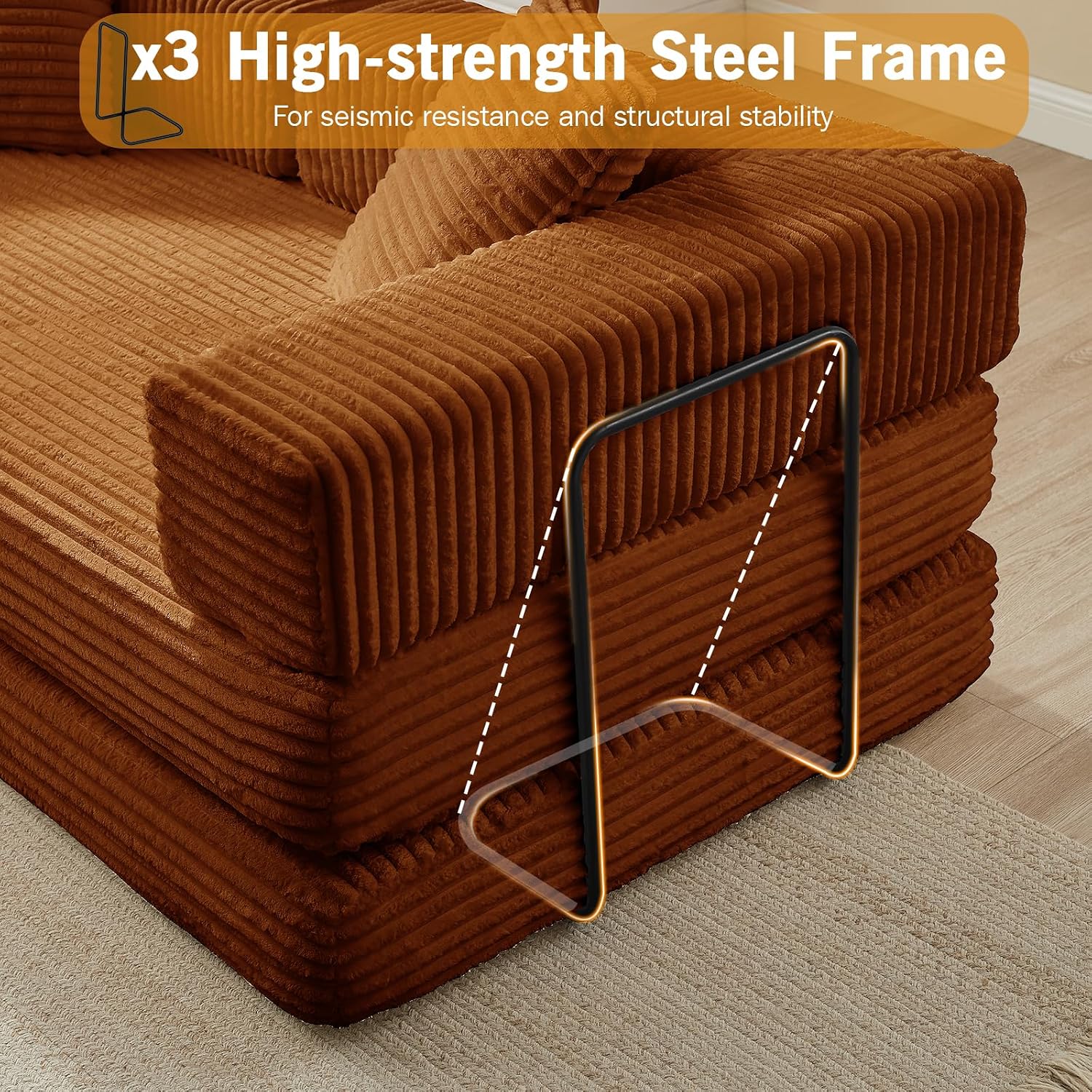 81'' Futon Sofa Bed, Folding Floor Couch Bed, Corduroy Fabric Boneless Couch, Compressed Boneless Sofa in a Box, Comfy Sleeper for Living Room-Orange
