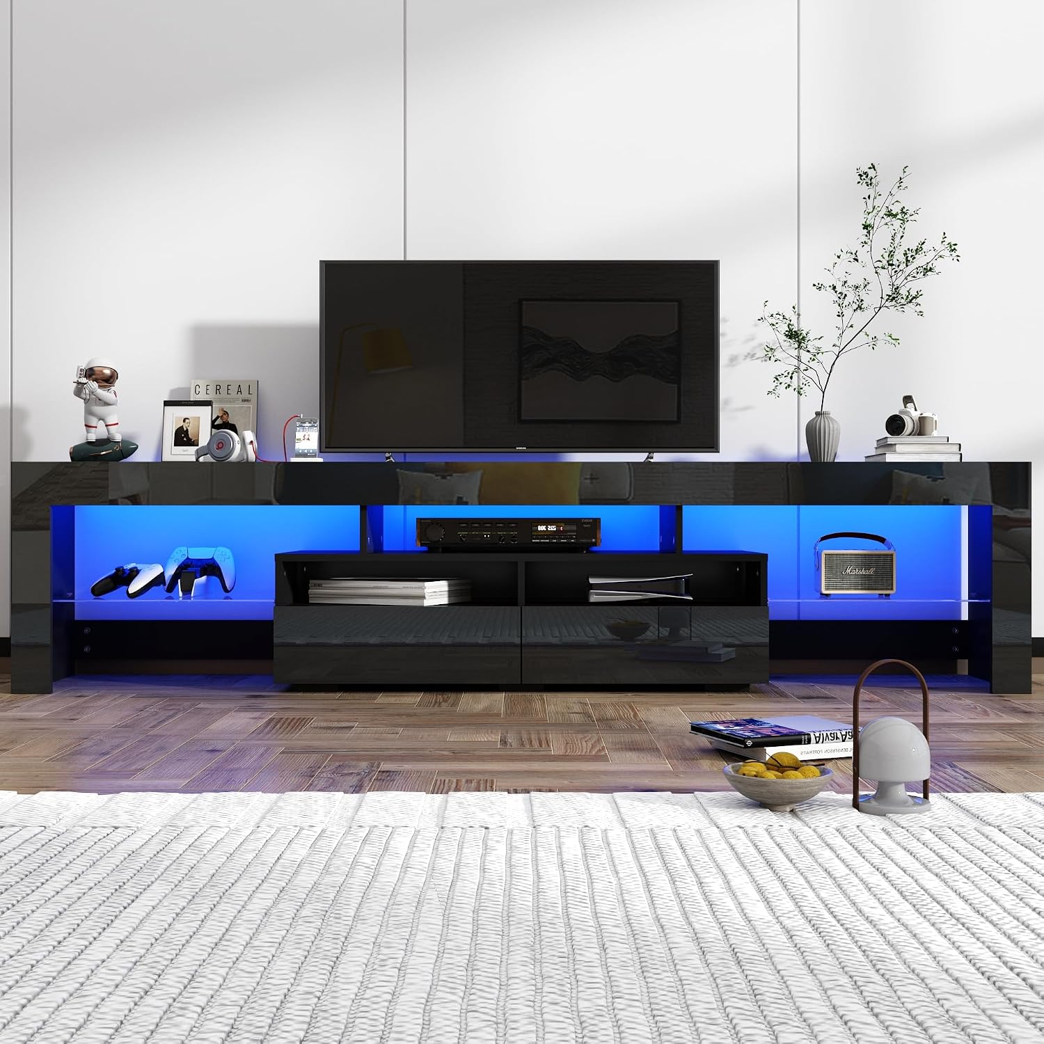 St.Mandyu 86IN LED TV Stand for 90/100 inch TV, High Glossy Modern Entertainment Center with Drawer and Led Lights, Television Table Media Console for Living Game Room Bedroom, Black