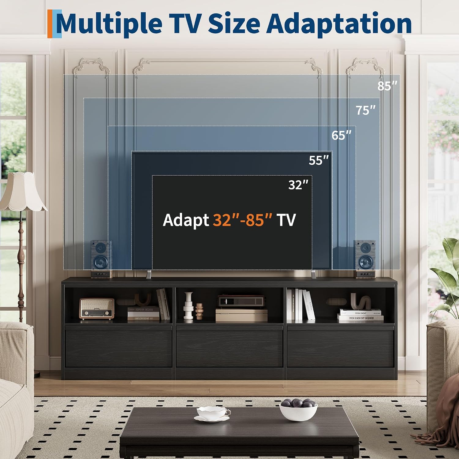 IDEALHOUSE 70 inch TV Stand for 80' TVs, Mid Century Modern Entertainment Center with Storage Drawer & Open Shelves, Wood Media Console Cabinet for Living Room/Bedroom, Black