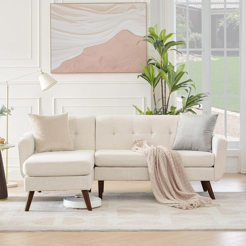 Tbfit L Shaped Couch Sofa, 80' W Mid-Century Modern Sectional Couches, 3 Seater Sofas with Wide Chaise Lounge, Button Tufted Upholstered Sectional Sofa for Living Room, Bedroom, Beige
