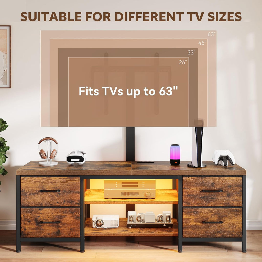 LED TV Stand for Living Room, with Mount, Power Outlet and Fabric Drawers, Entertainment Center w/Height Adjustable TV Mount for 26''-63'' TVs, Industrial Media Console w/Open Storage Shelves
