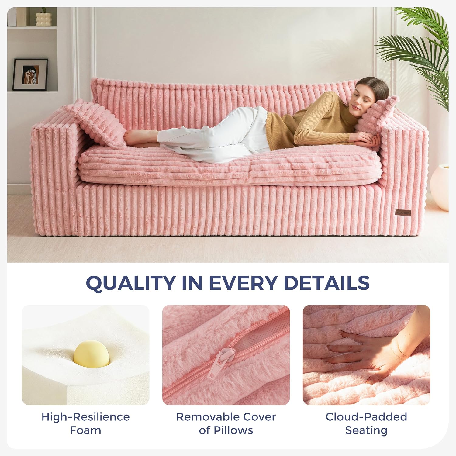 MAXYOYO 76' Bean Bag Sofa Couch, Loveseat Boneless Couch in a Box, Upholstered Small Mini Sofa with Deep Seating for Living Room Bedroom Office Apartment, Pink