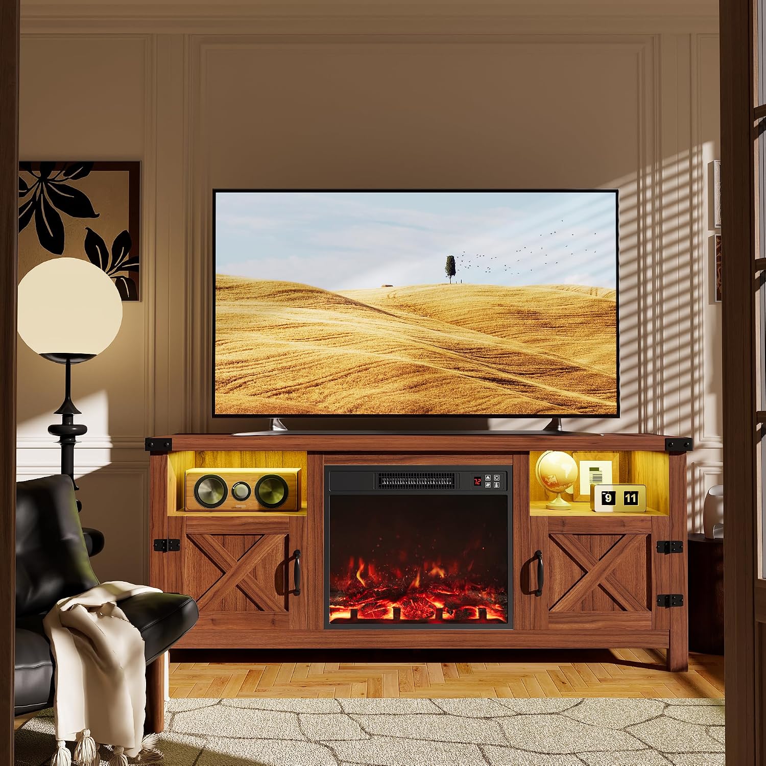 Furmax LED Entertainment Center with Fireplace, Fireplace TV Stand with Storage Cabinets and 2 Open Shelves, Modern Media TV Console for Living Room (Dark Brown)