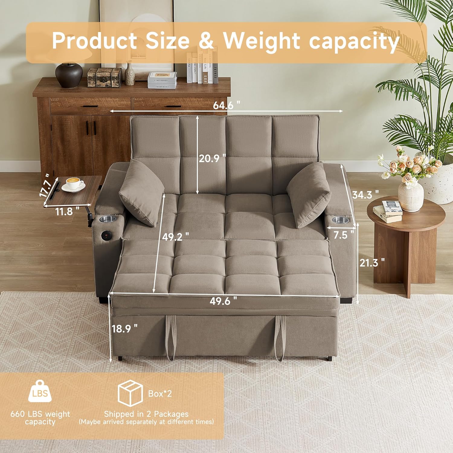 hansones 66' Multi-Functional Pull-Out Sofa Bed with Hidden Side Table, Storage Armrests, Built-in Charging Port, Spring Mattress, Solid Wood Frame – Ideal for Small Spaces, Easy Assembly