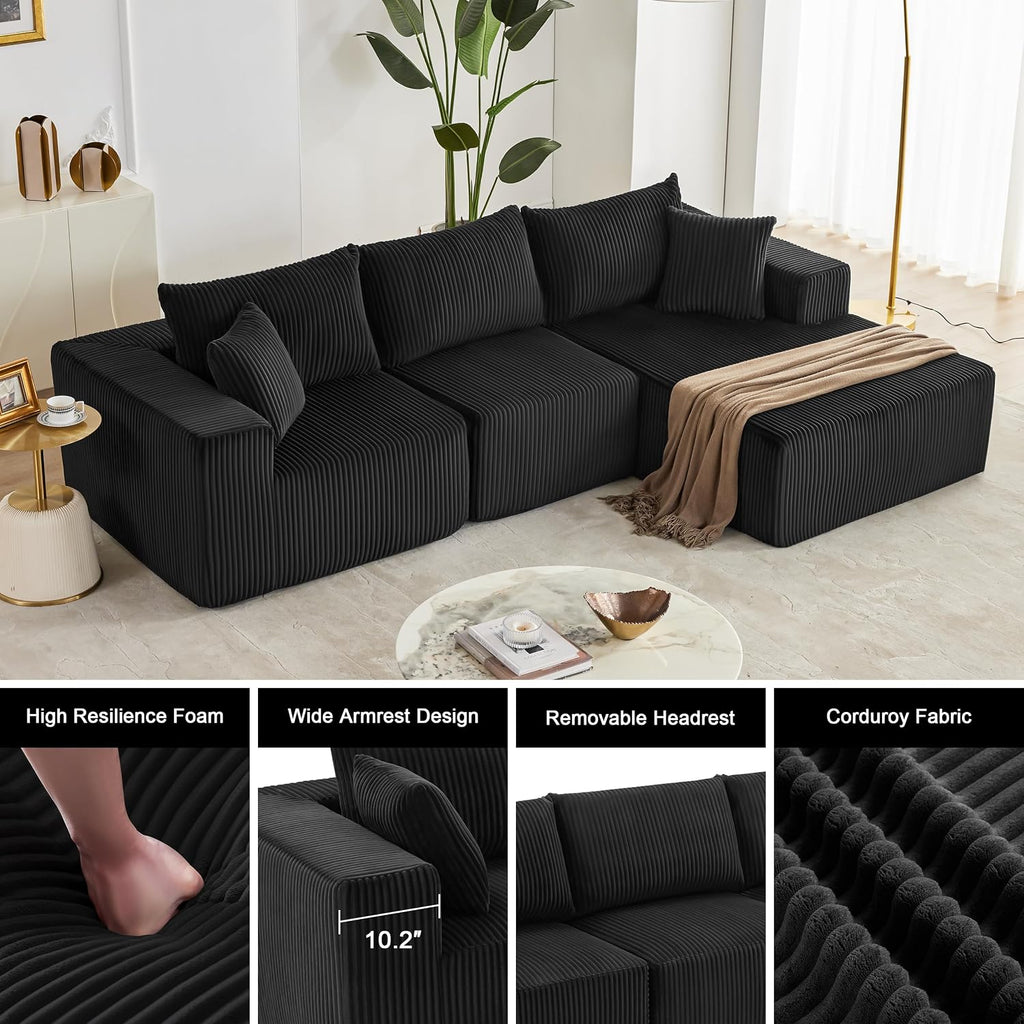 108' Modular Sectional Sofa, Cloud Sectional Couch with Deep Seat, Modern Modular L-Shape Sofa Couch with Chaise,Upholstered Boneless Couches for Living Room Bedroom (Black, Right Facing Chaise)