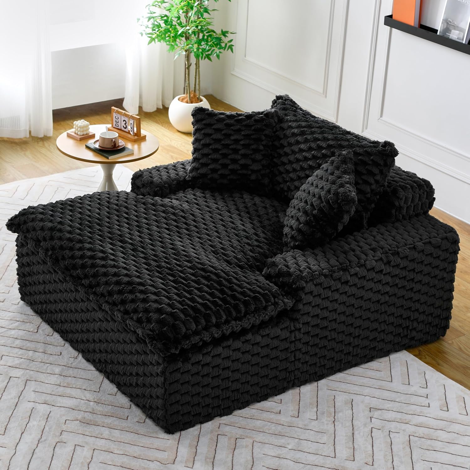 51 Inch Lounge Sofa, Boneless Cloud Couch for Living Room Bedroom, Comfy Reading Chair for Adults, Soft Textured Sleeper Chair with 2 Pillows, Frameless Floor Seating (Black)