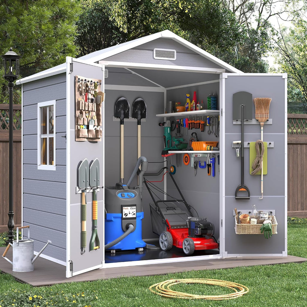Resin Storage Sheds with Floor, 6x4.5 FT Plastic Garden Shed with Lockable Door, Window, Waterproof, Outdoor Tool Storage for Bike, Garbage Can, Grey White, Light Grey