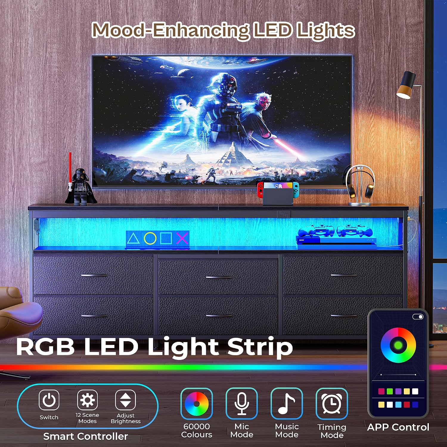 Huuger 63 Inch TV Stand for 55, 65, 70 Inch TV, Long Dresser TV Stand for Bedroom, Black LED TV Stand with Power Outlets, Fabric Drawer Dresser with Storage, Entertainment Center for Living Room