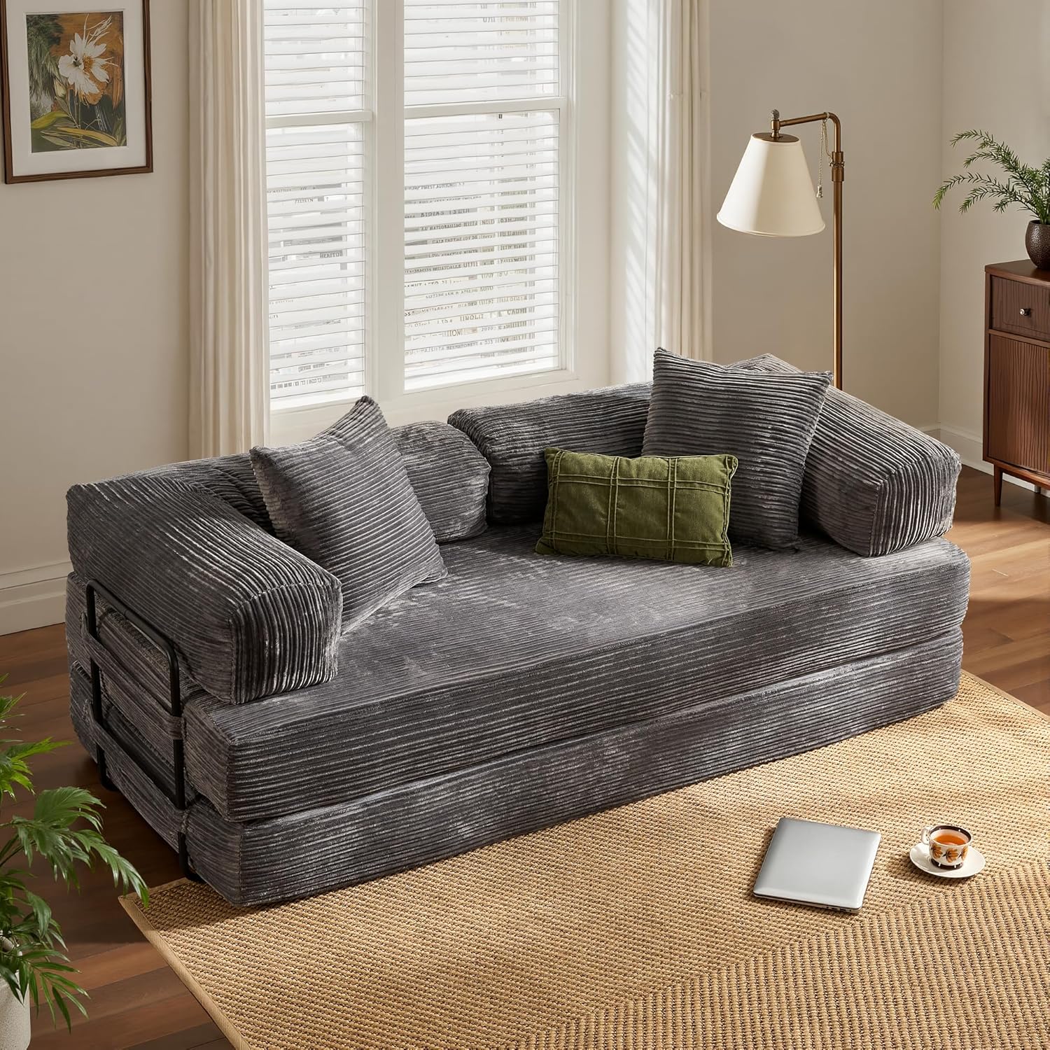 ovios 81' Folding Sofa Bed, Foldable Sleeper Boneless Couch with Pull Out Beds, Modular Convertible Floor Futon Loveseat Lounger for Living Room (Corduroy, Grey)