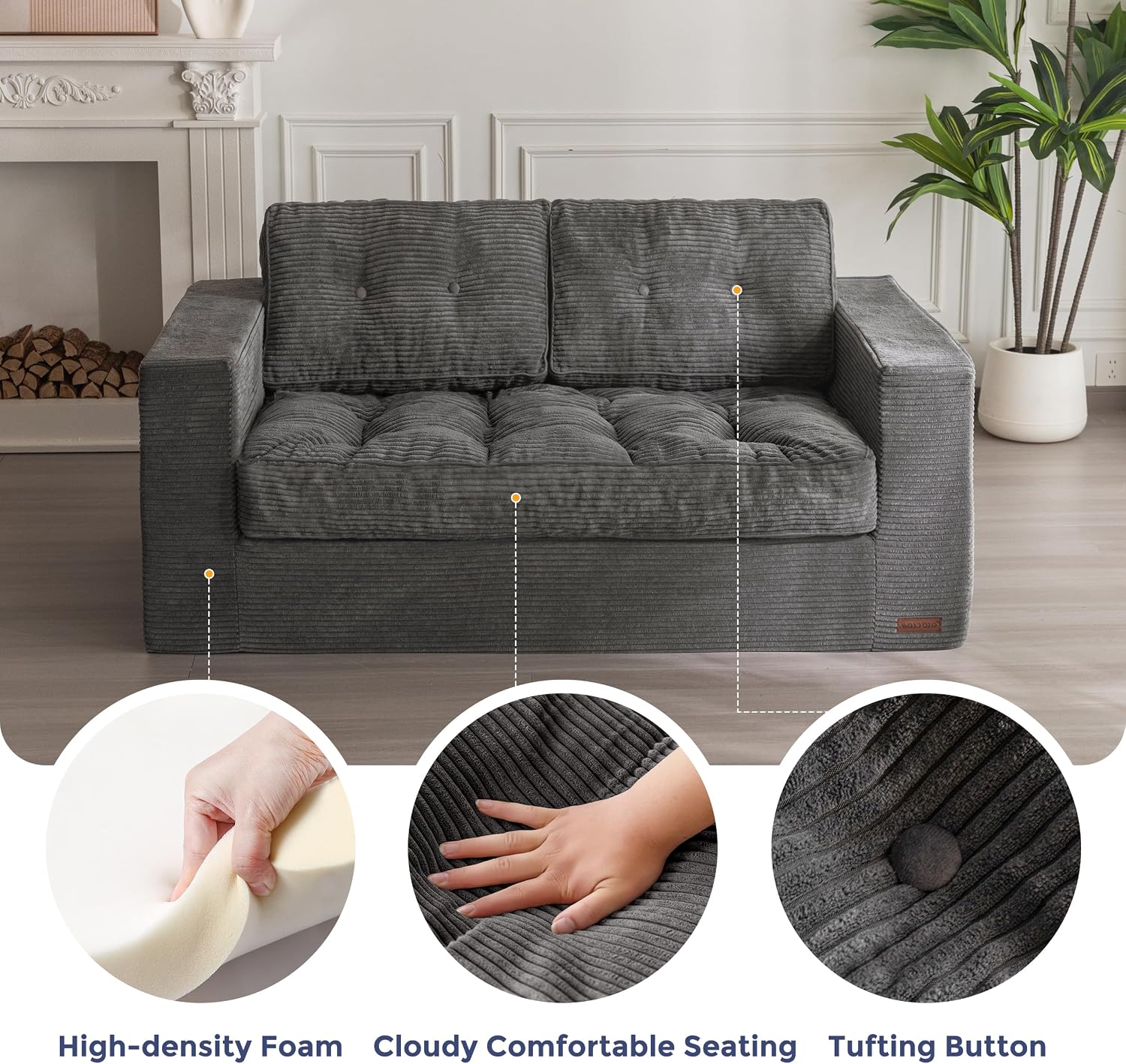 MAXYOYO Bean Bag Chair for Adults, Upholstered Floor Sofa with Armrests, Loveseat Boneless Couch with Tufted Cushion & Backrest, Sofa in A Box, Large Bean Bag Couch for Bedroom Living Room, Dark Grey