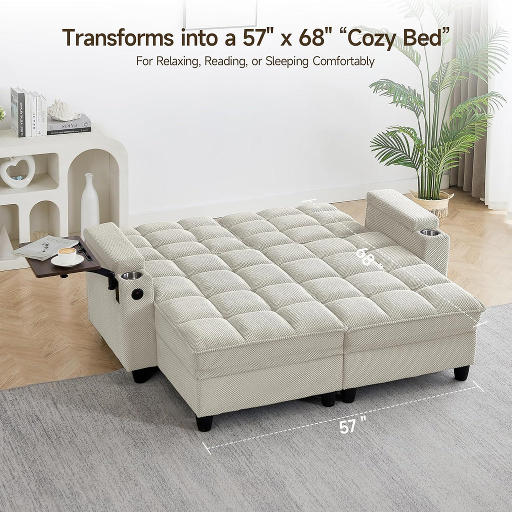70.9' Chaise Lounge Chair Indoor, Oversized Boucle Upholstered Sofa Bed, Adjustable Backrest Deep Seat Reading Chair, Sofas Couches for Living Room with Storage, Cup Holders and 360° Swivel Side Table