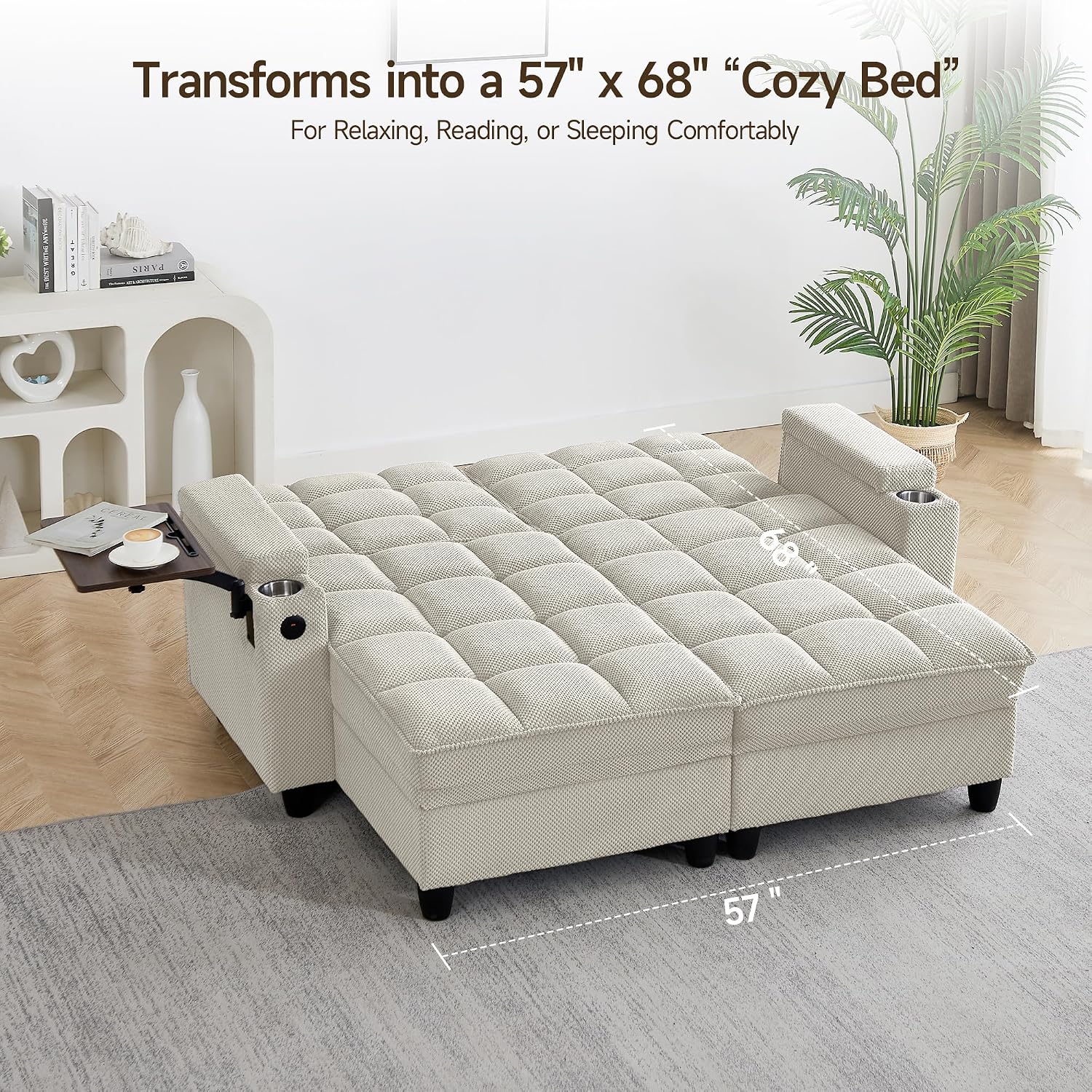 70.9' Chaise Lounge Chair Indoor, Oversized Boucle Upholstered Sofa Bed, Adjustable Backrest Deep Seat Reading Chair, Sofas Couches for Living Room with Storage, Cup Holders and 360° Swivel Side Table