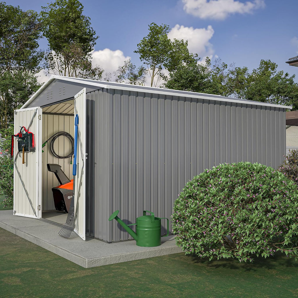 YOPTO 10X10 FT Outdoor Storage Shed,Metal Shed W/Lockable Doors,Air Vents & Sloped Roof,Garden Tool House W/Updated Frame Structure,for Backyard Patio Lawn,Gray