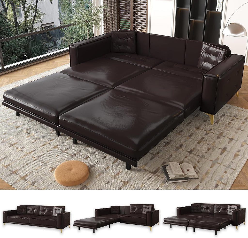 92.1'' Pull Out Sofa Bed King, Faux Leather Futon Couch, 3-in-1 Convertible Sleeper Sofa with Tufted Back, Gold Furniture Legs, Deep Loveseat for Living Room, Apartment, Office, Dark Brown