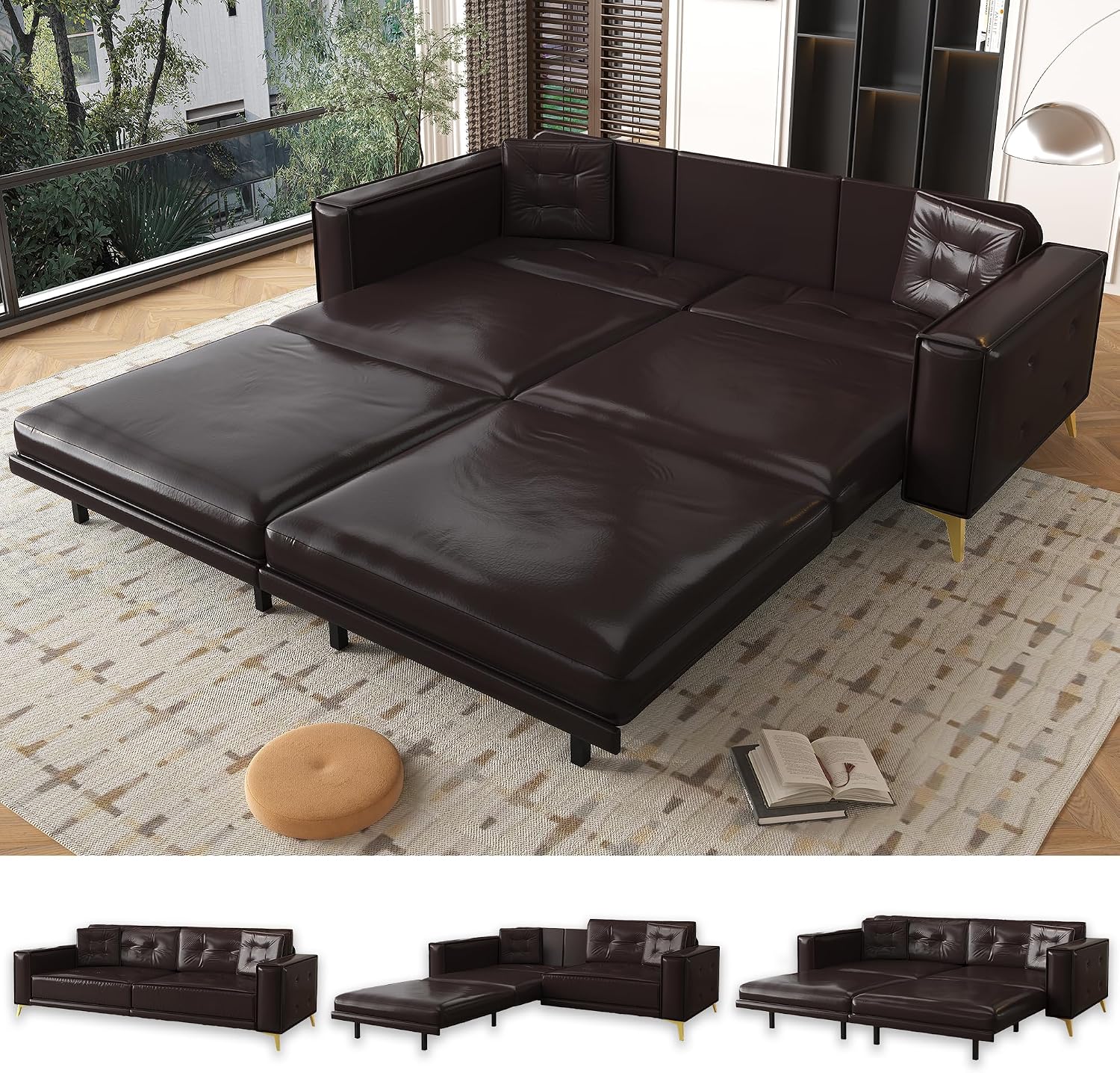 92.1'' Pull Out Sofa Bed King, Faux Leather Futon Couch, 3-in-1 Convertible Sleeper Sofa with Tufted Back, Gold Furniture Legs, Deep Loveseat for Living Room, Apartment, Office, Dark Brown