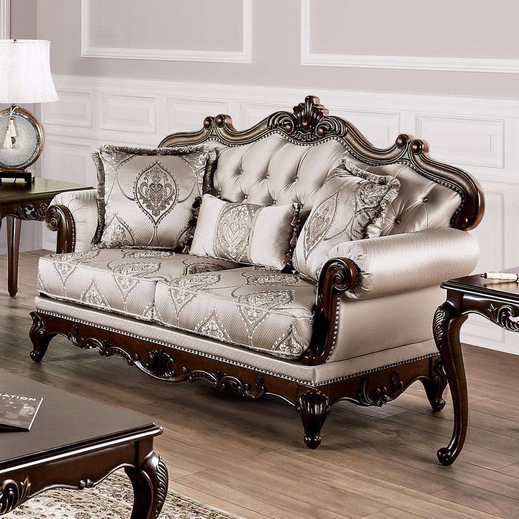 Furniture of America Adelaide Traditional Upholstered Sofa with Rolled Armrests and Button Tufted Back, Wooden Comfortable Couch for Living Room, Office, Bedroom, 2-Seater Loveseat, Dark Cherry/Beige