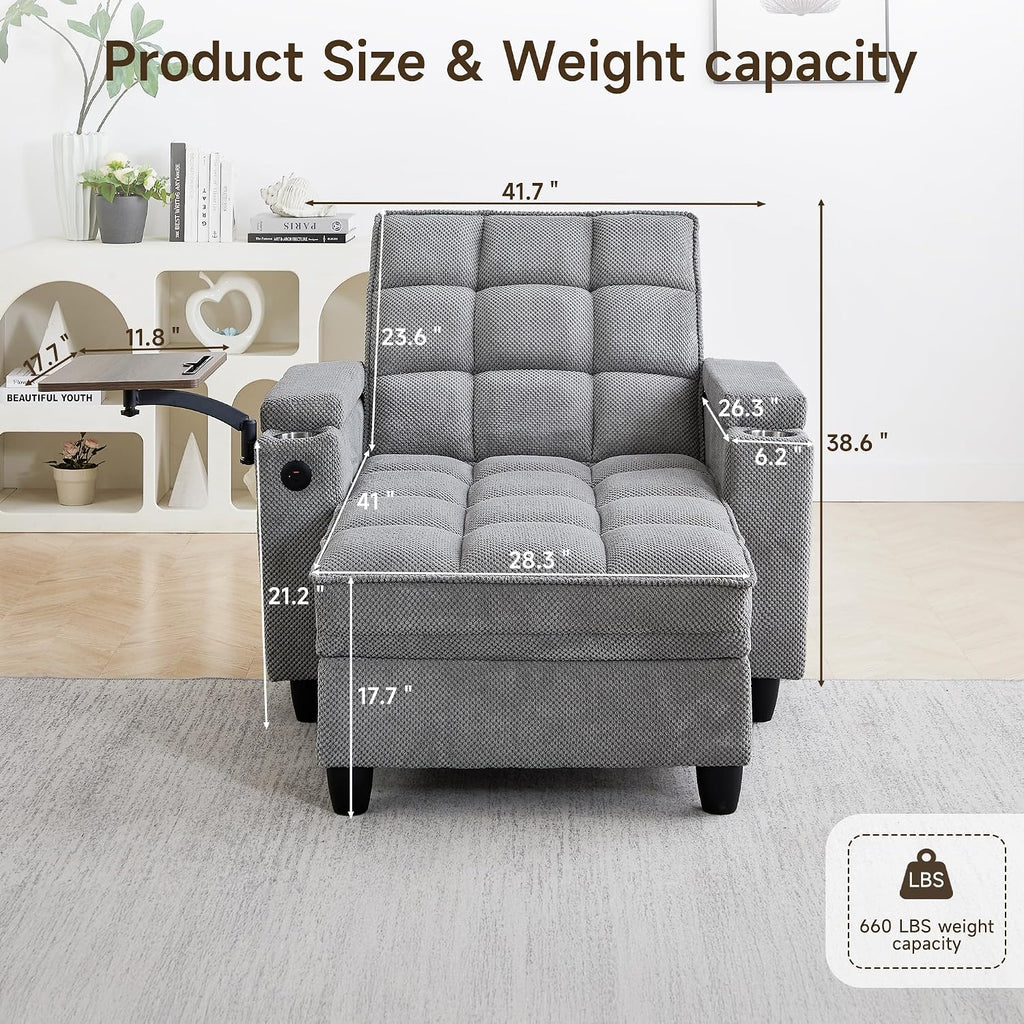41.7' Oversized Chaise Lounge Chair Indoor, Boucle Upholstered Sofa Bed with Adjustable Backrest, Deep Seat Reading Chair, Sofas Couches for Living Room, Storage, Cup Holders & 360° Swivel Side Table