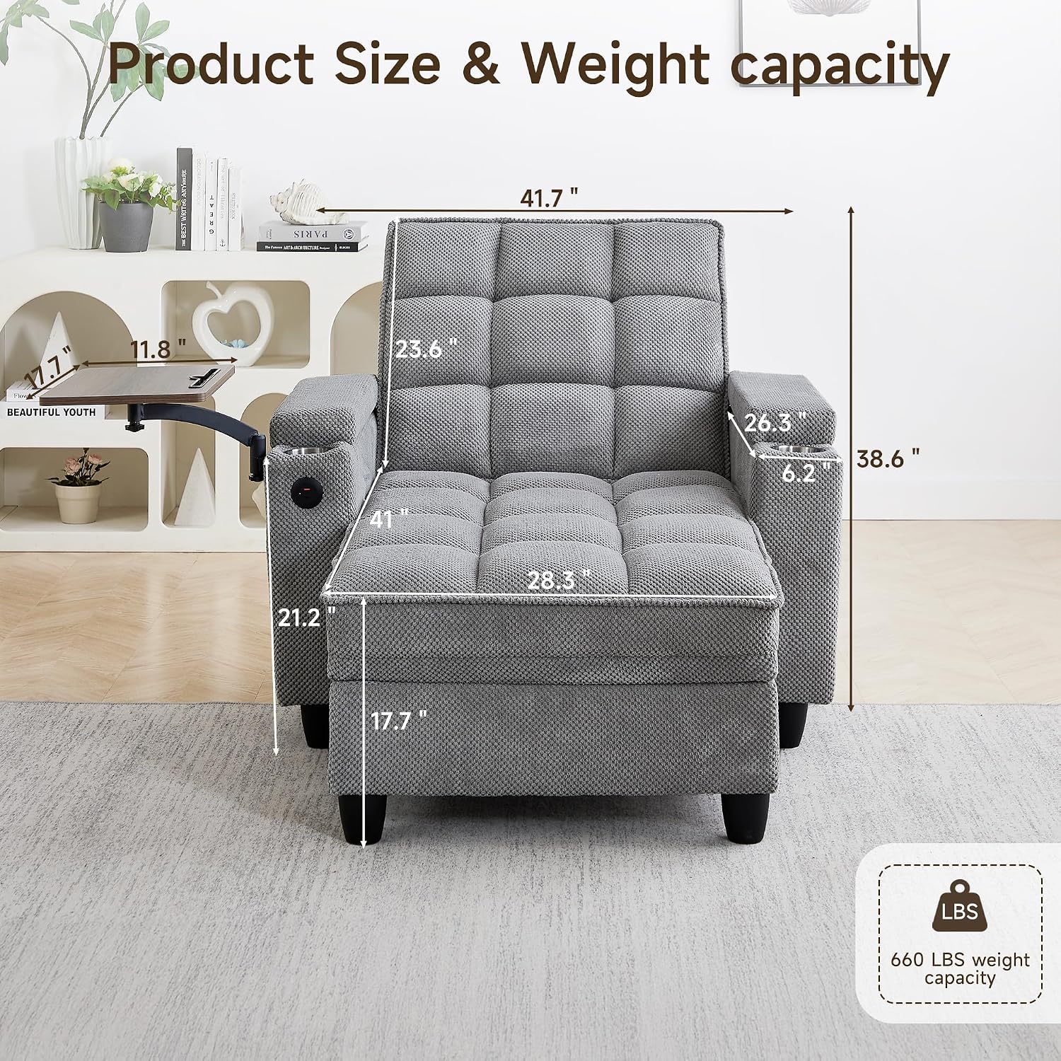 41.7' Oversized Chaise Lounge Chair Indoor, Boucle Upholstered Sofa Bed with Adjustable Backrest, Deep Seat Reading Chair, Sofas Couches for Living Room, Storage, Cup Holders & 360° Swivel Side Table