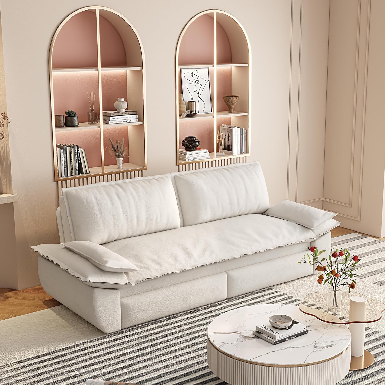 3 in 1 Convertible Queen Sleeper Sofa Bed Comfy Pull Out Futon Couch Bed 73.2' Modern Velvet Recliner Loveseat Sofa Multi-Functional Beige Cloud Couch for Living Room,Apartment,Office (Beige 73.2')