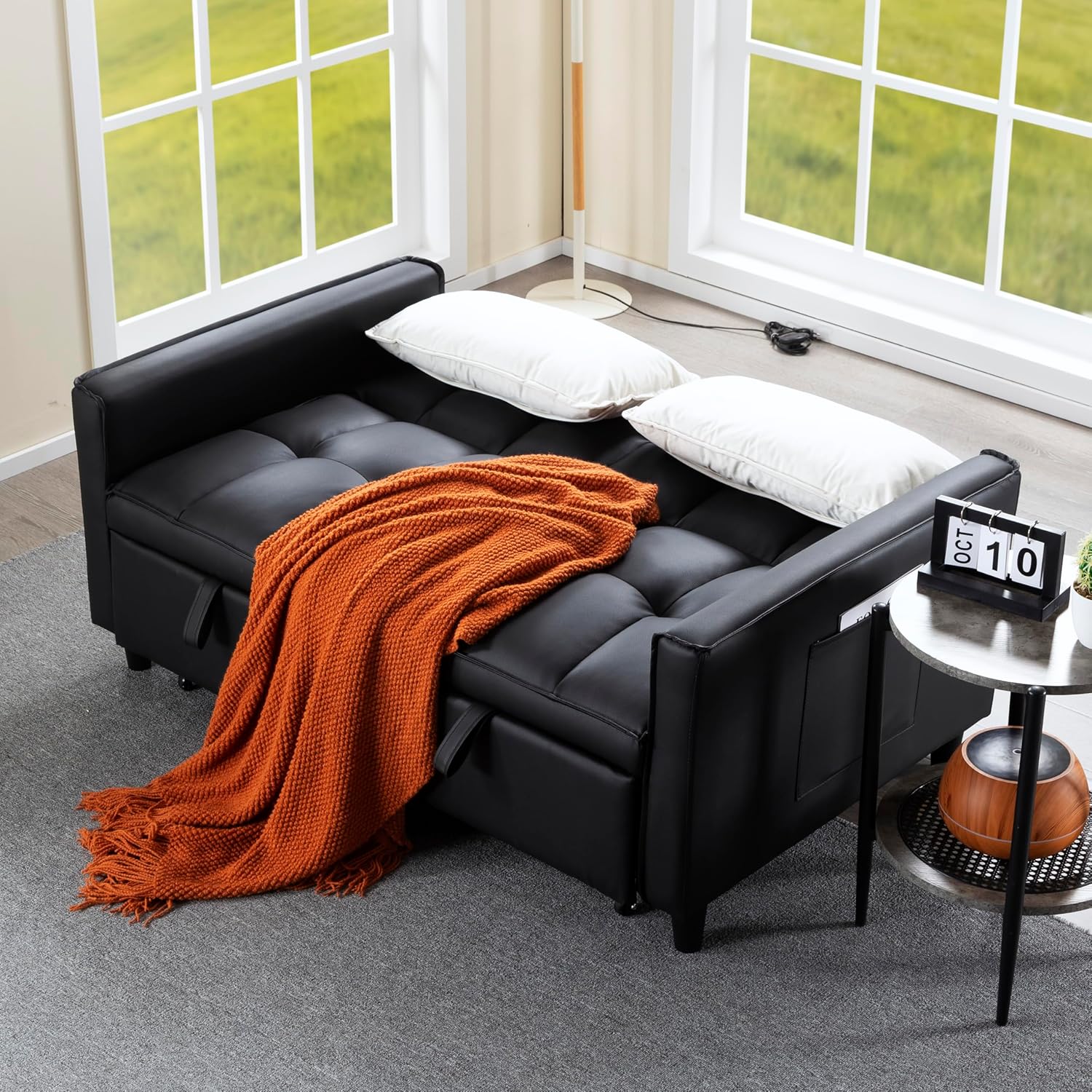 3 in 1 Convertible Sofa Bed, Loveseat Sleeper Sofa with Large Side Pockets, Pull Out Couch with Adjustable Backrest, Easy Assembly, PU Couch Bed for Small Spaces, Apartment, Black