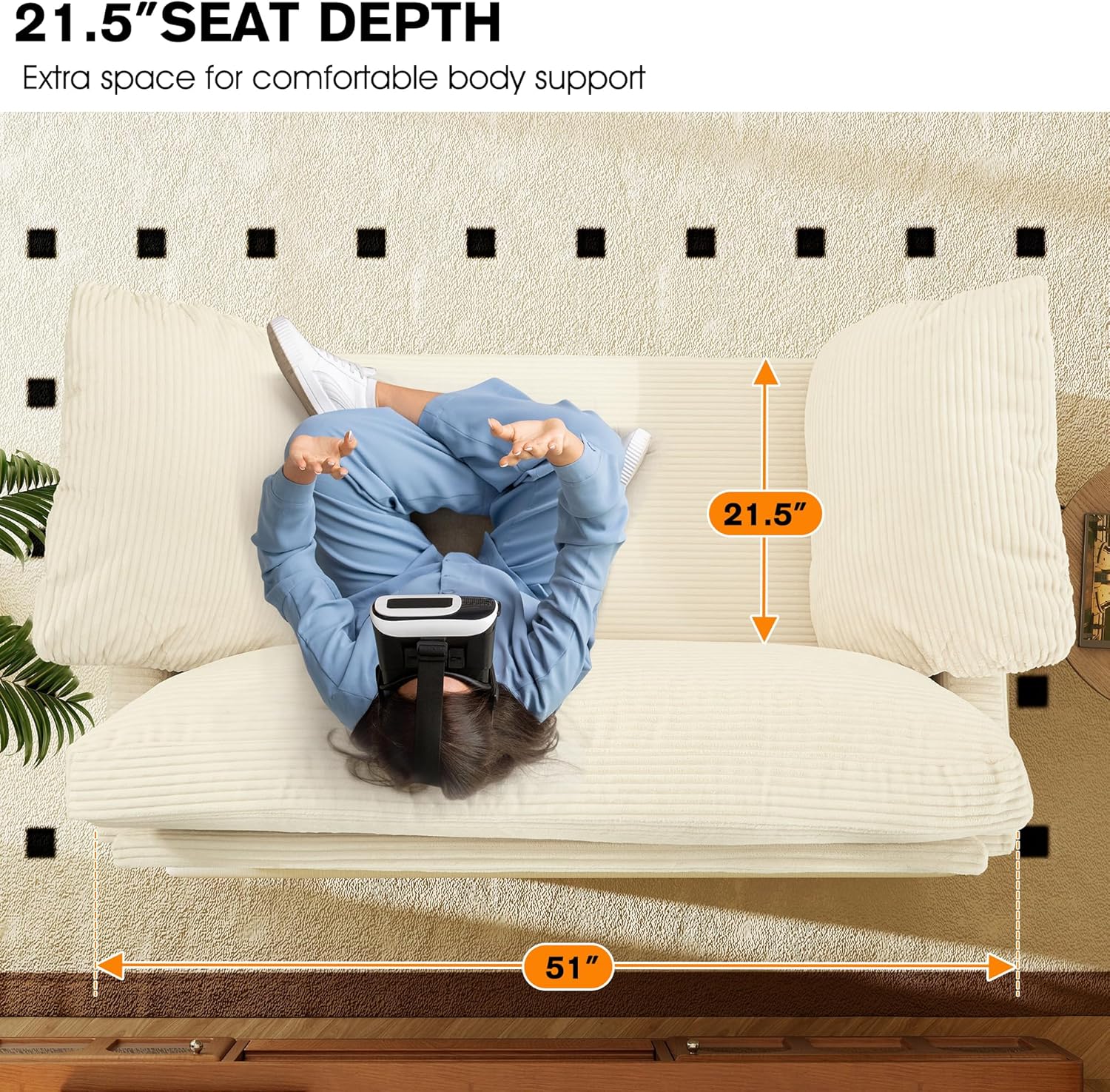 51' Loveseat Sleeper Sofa Bed, Corduroy Convertible Floor Sofa Bed for Small Spaces, Folding Couch Bed with Deep Seat, 2 Pillows & Solid Frame, Pull Out Floor Couch for Living Room, Beige