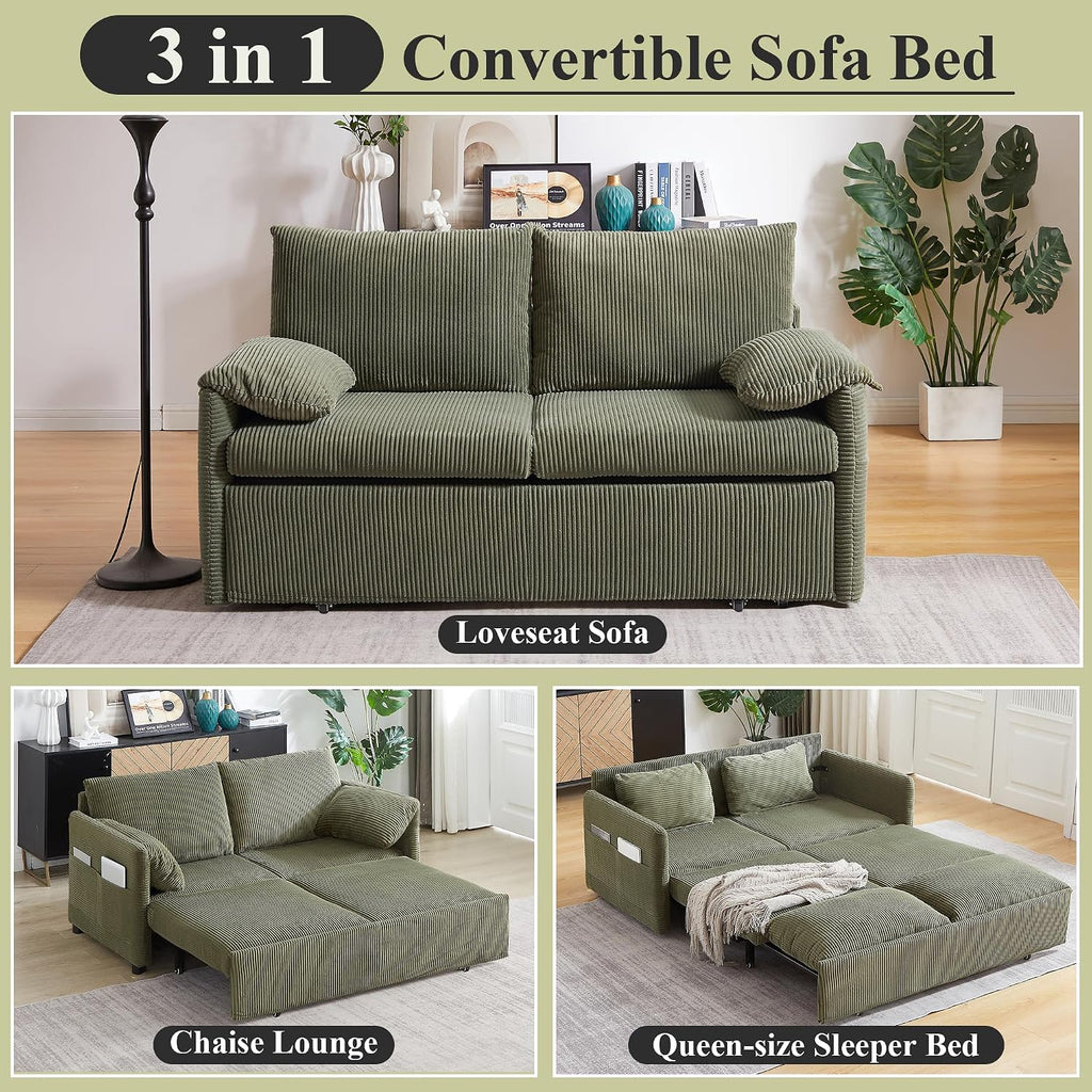 CAPCAEK Queen Size Pull Out Couch, Sleeper Sofa Bed Queen with USB, Storage Pockets & Pillows, 3-in-1 Modern Convertible Loveseat Couch Bed for Living Room Bedroom, Office, Apartment, Corduroy(Green)