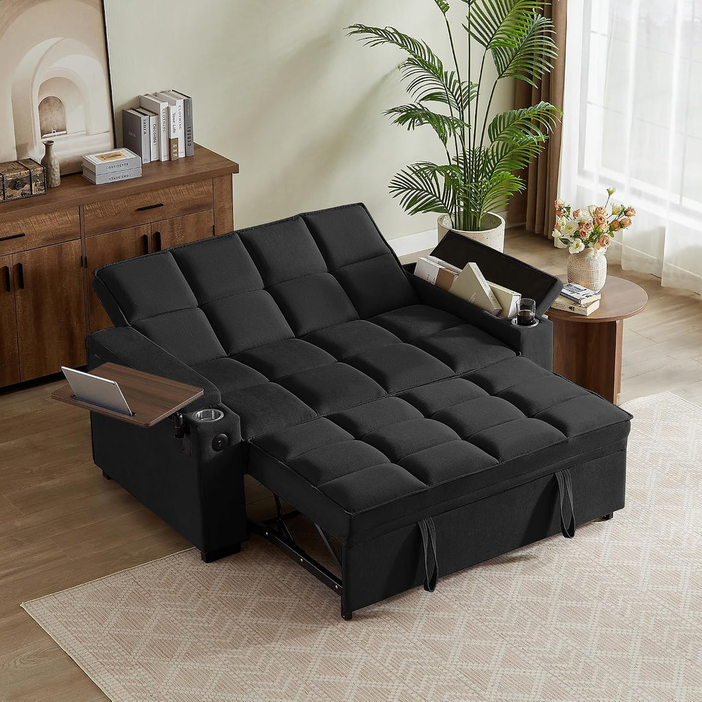 hansones 66' Multi-Functional Pull-Out Sofa Bed with Hidden Side Table, Storage Armrests, Built-in Charging Port, Spring Mattress, Solid Wood Frame – Ideal for Small Spaces, Easy Assembly